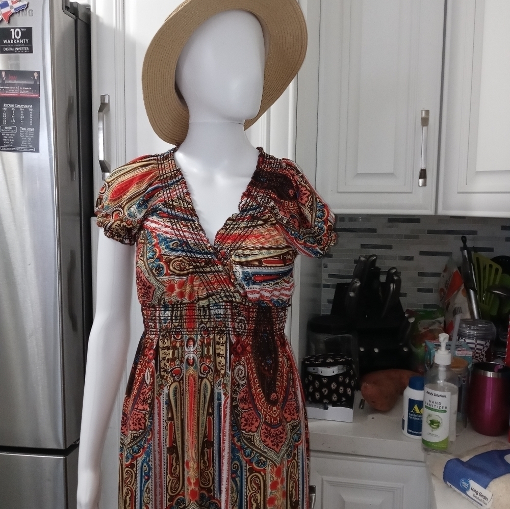 LAPAGEE PAISLEY LONGLINE CROSSOVER V NECK SMOCKED WAIST PRAIRIE STYLE DRESS M - Picture 14 of 15